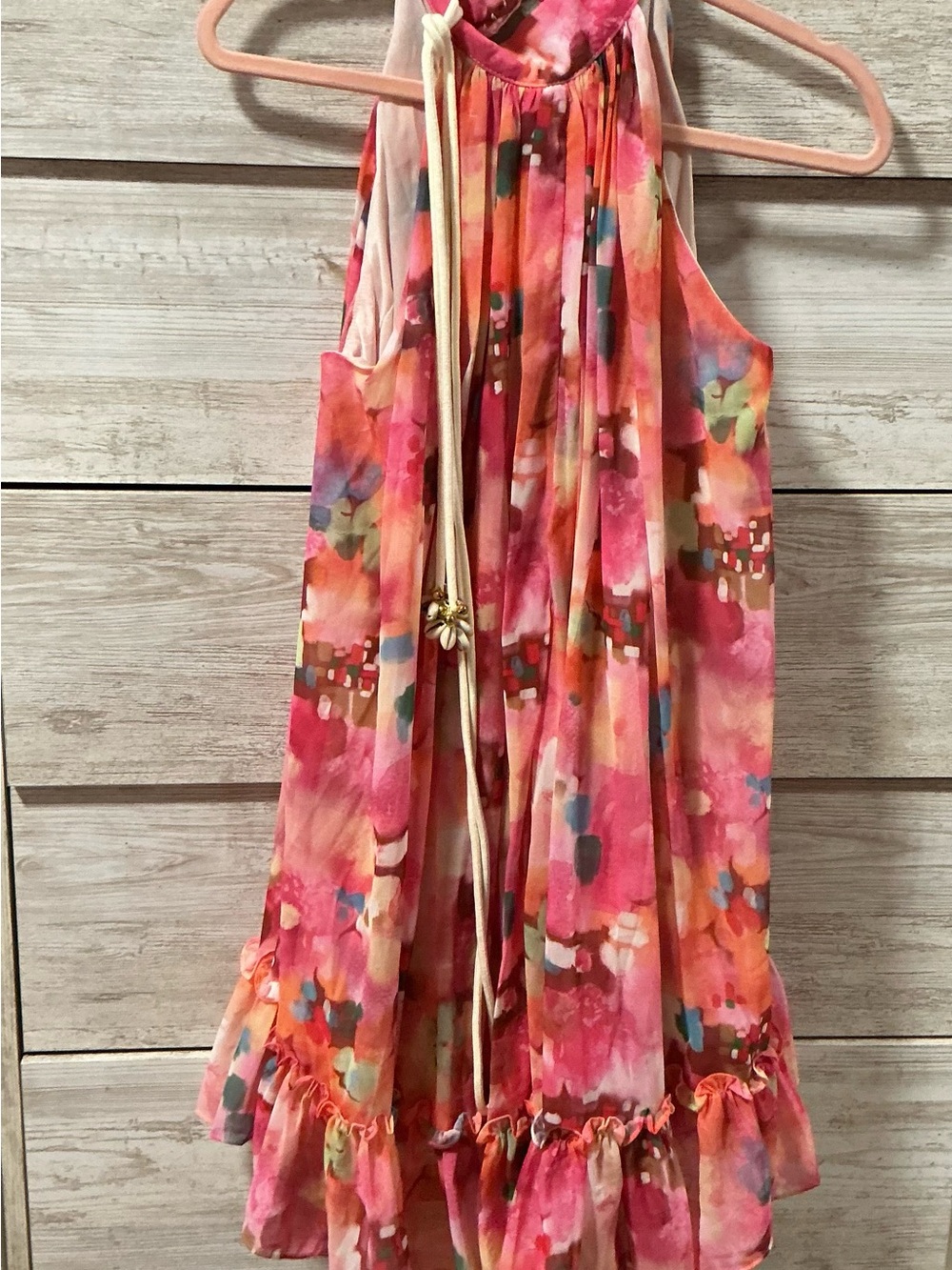 Women's Pink Floral Halter Sundress with Ruffle Hem